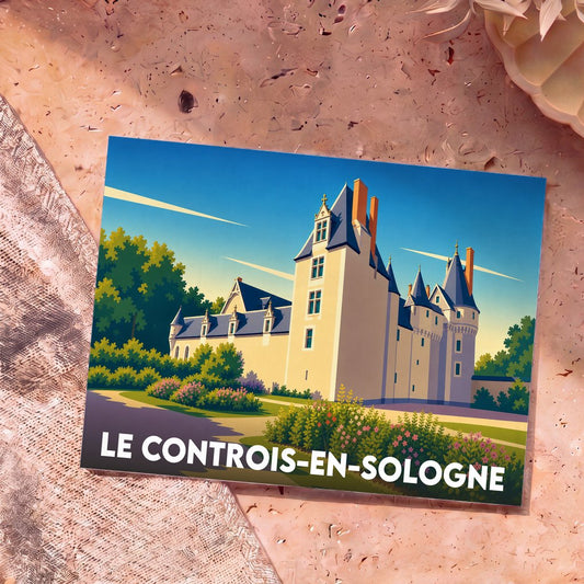Carte postale souvenir de la ville de Le Controis-en-Sologne avec une illustration stylisée de son château.
