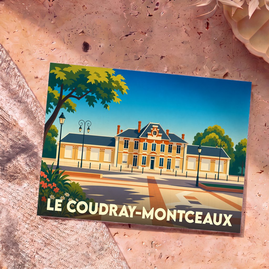 Carte postale souvenir de la ville de Le Coudray-Montceaux présentant une illustration stylisée de son hôtel de ville.