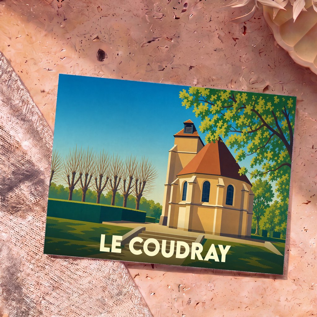 Carte postale souvenir de la ville de Le Coudray avec une illustration stylisée de son église.
