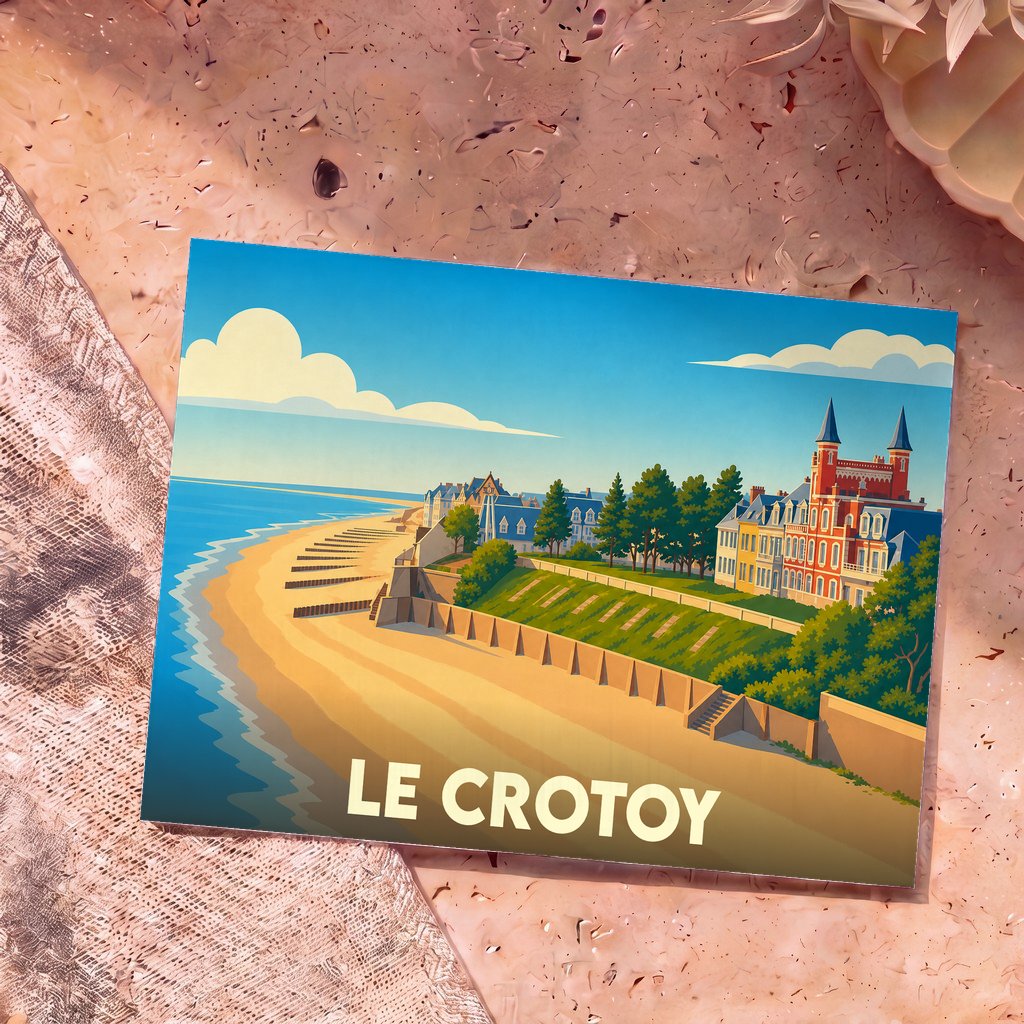 Carte postale souvenir de la ville de Le Crotoy avec une illustration stylisée de son front de mer.