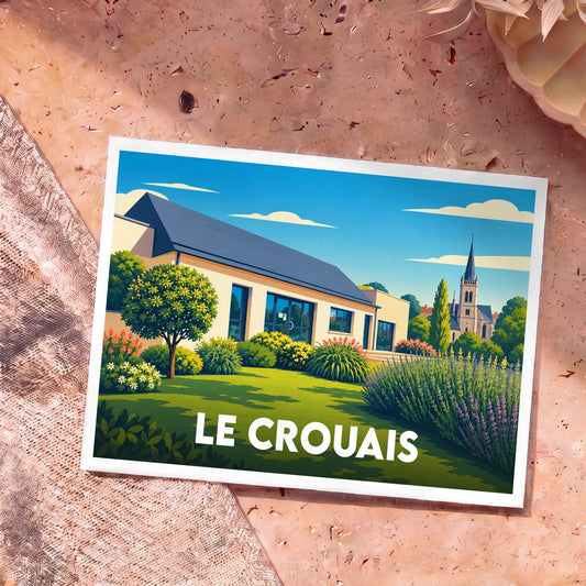 Carte postale souvenir de la ville de Le Crouais avec une illustration colorée et stylisée.
