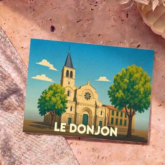 Carte postale souvenir de la ville de Le Donjon avec une illustration stylisée de son église.