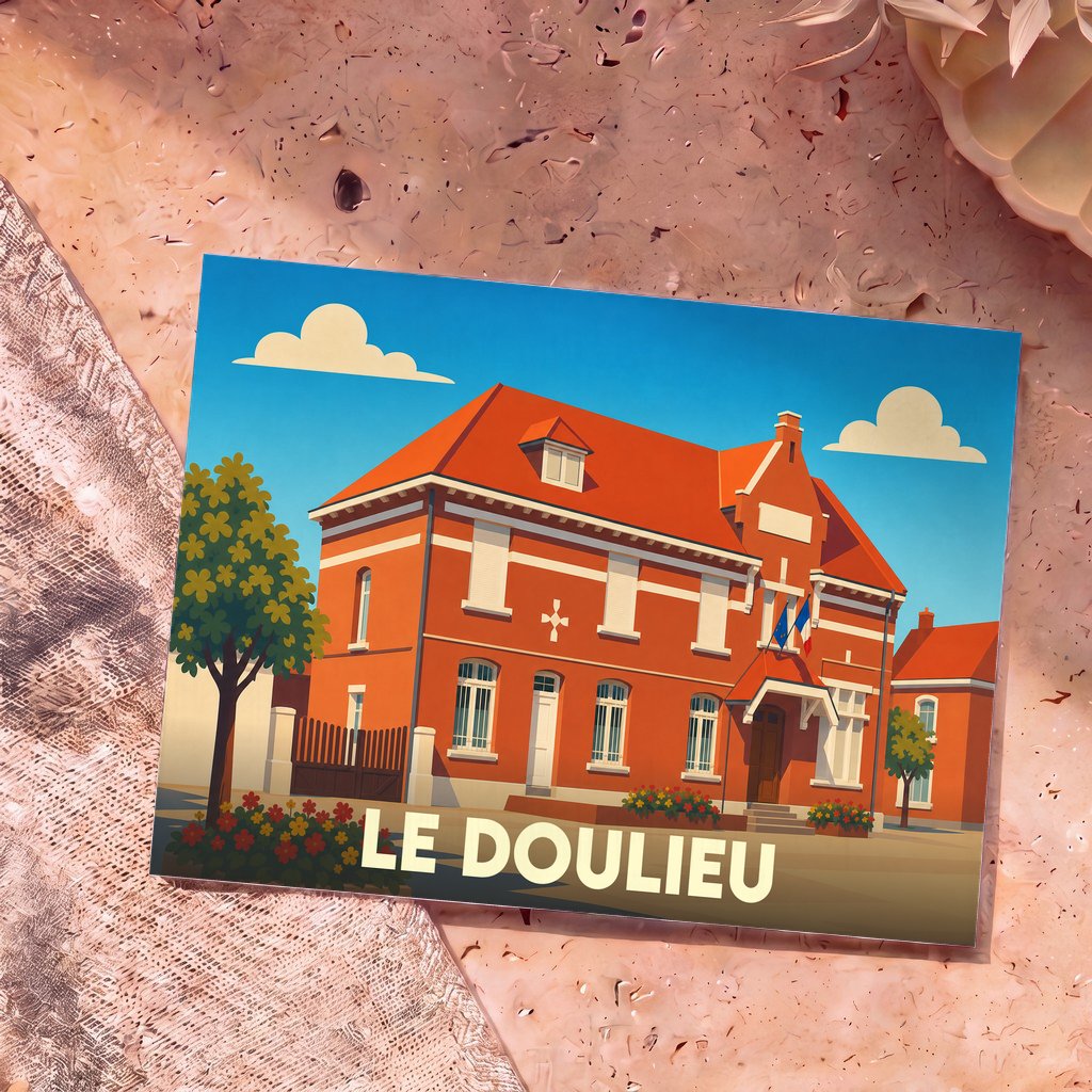 Carte postale souvenir de la ville de Le Doulieu avec une illustration stylisée de sa mairie.