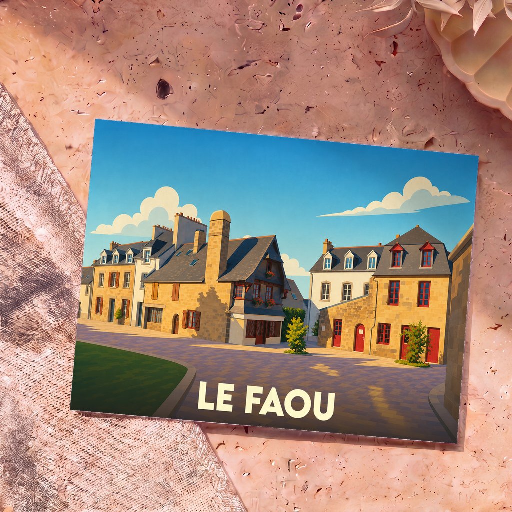 Carte postale souvenir de la ville de Le Faou avec une illustration stylisée de ses maisons traditionnelles.