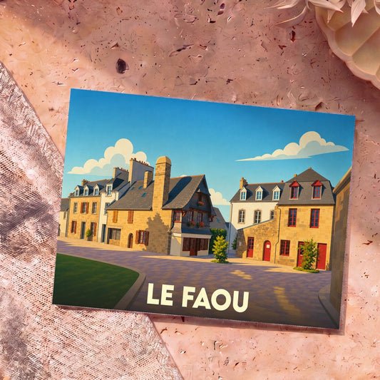 Carte postale souvenir de la ville de Le Faou avec une illustration stylisée de ses maisons traditionnelles.