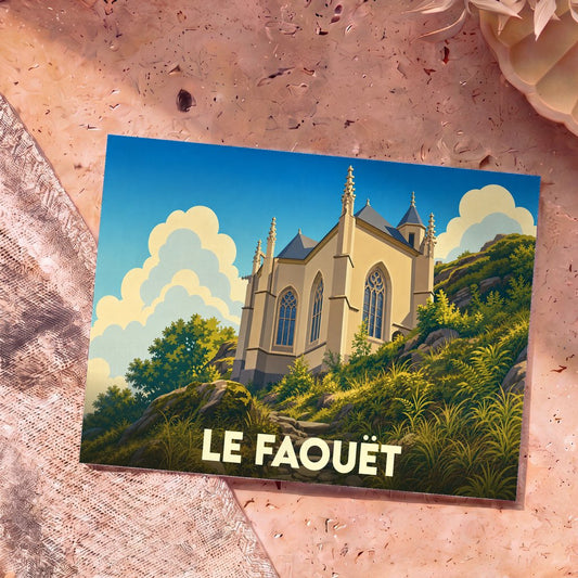Carte postale souvenir de la ville de Le Faouët avec une illustration stylisée de la chapelle Sainte-Barbe nichée dans la verdure.