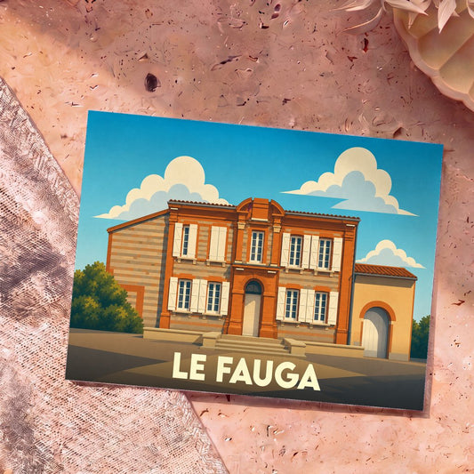 Carte postale souvenir de la ville de Le Fauga avec une illustration stylisée de sa mairie.