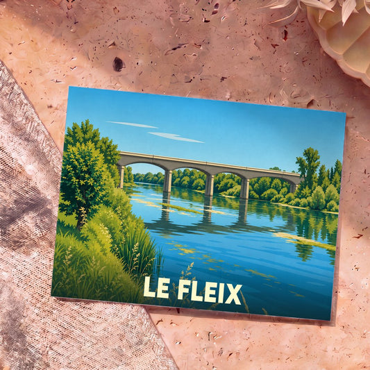Carte postale souvenir de la ville de Le Fleix avec une illustration stylisée de son pont et de la rivière.