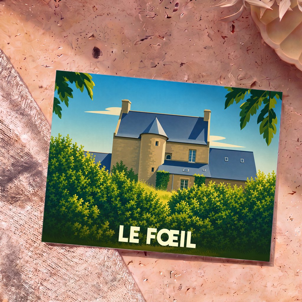 Carte postale souvenir de la commune de Le Fœil avec une illustration stylisée d'un manoir breton.