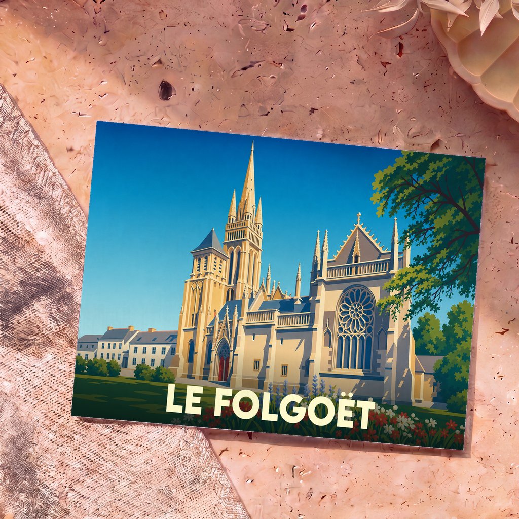 Carte postale souvenir de la ville de Le Folgoët avec une illustration stylisée de sa basilique.