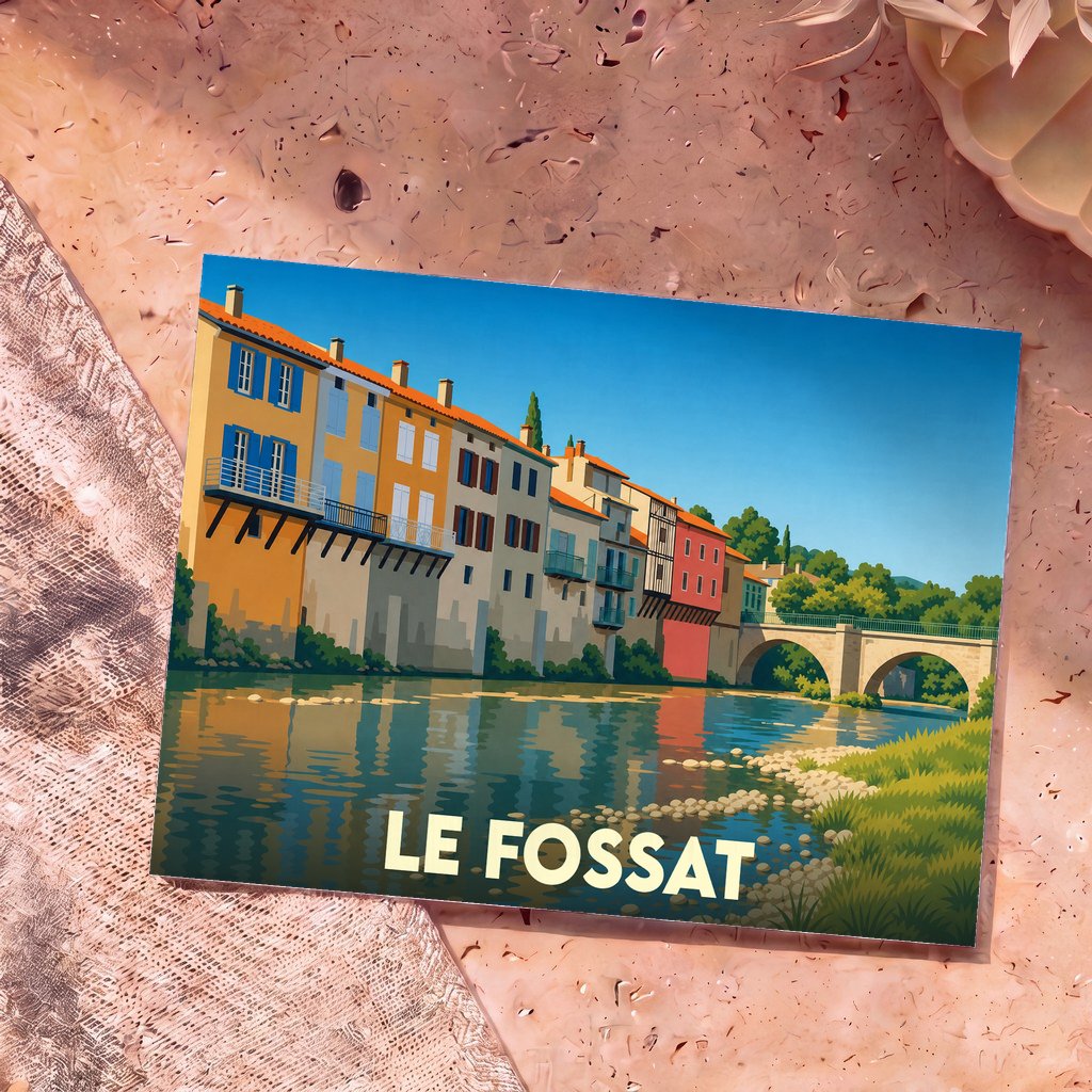 Carte postale souvenir de la ville du Fossat avec une illustration stylisée de maisons colorées au bord de l'eau.