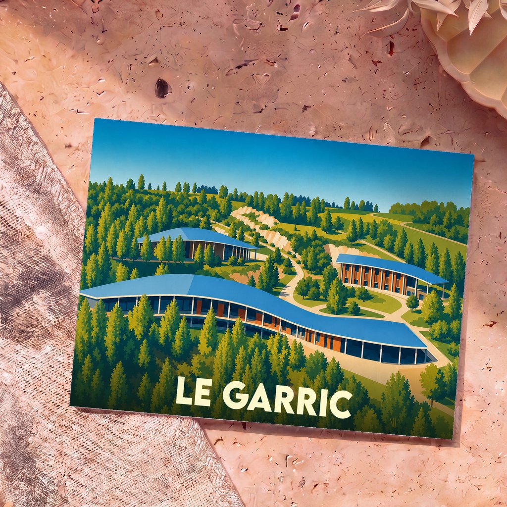 Carte postale souvenir de la ville du Garric avec une illustration stylisée de bâtiments aux toits bleus nichés dans une colline verdoyante.
