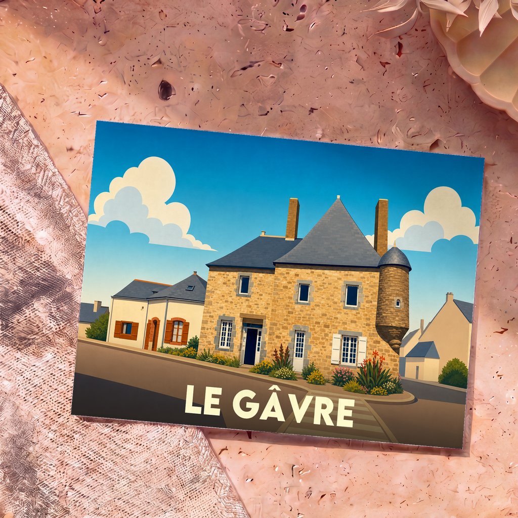 Carte postale souvenir de la ville de Le Gâvre avec une illustration stylisée d'une maison traditionnelle en pierre.