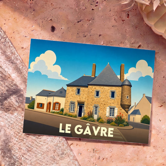 Carte postale souvenir de la ville de Le Gâvre avec une illustration stylisée d'une maison traditionnelle en pierre.