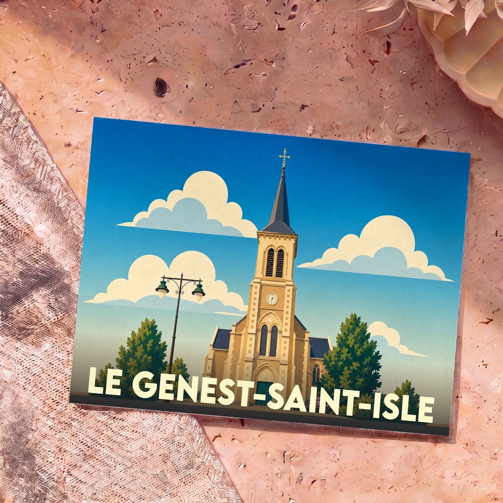 Carte postale souvenir de la ville de Le Genest-Saint-Isle avec une illustration stylisée de son église sous un ciel azur.