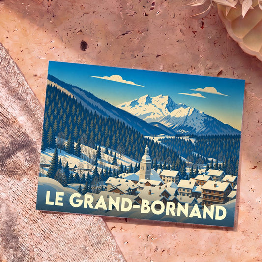 Carte postale souvenir de la ville de Le Grand-Bornand illustrant un village de montagne enneigé dans un style rétro.