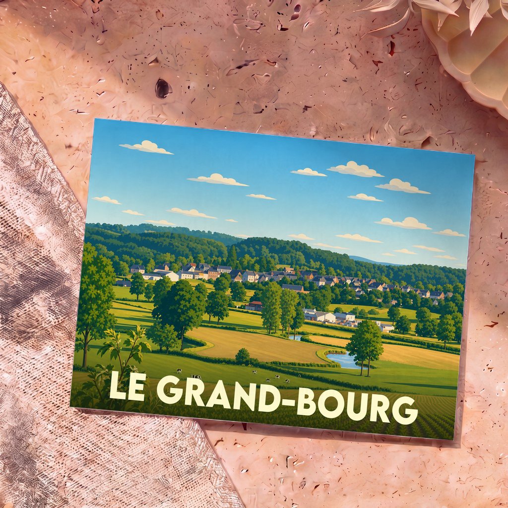 Carte postale souvenir de la ville de Le Grand-Bourg illustrant un paysage rural vallonné.