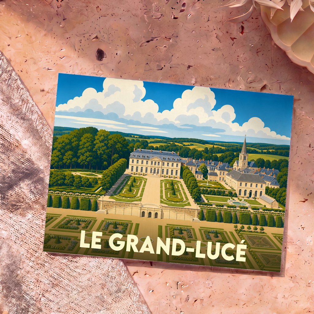 Carte postale souvenir de la ville de Le Grand-Lucé avec une illustration stylisée de son château et de ses jardins à la française.