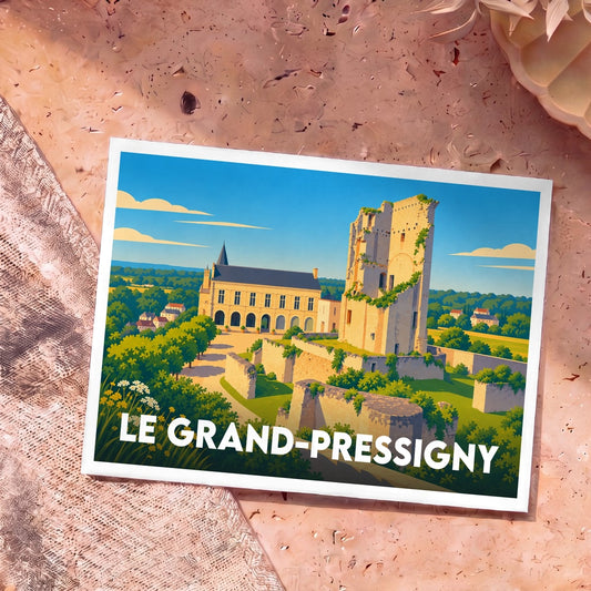 Carte postale souvenir de la ville de Le Grand-Pressigny avec une illustration stylisée de son château.