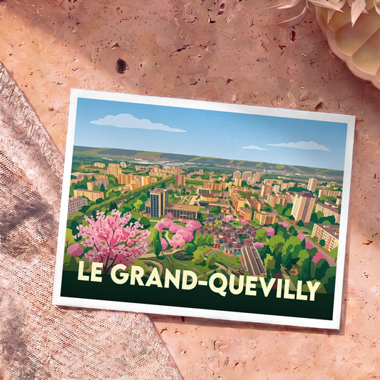 Carte postale souvenir de la ville de Le Grand-Quevilly avec une illustration colorée et stylisée représentant une vue aérienne.