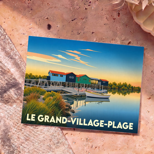 Carte postale souvenir de Le Grand-Village-Plage illustrant des cabanes colorées au bord de l'eau dans un style rétro.