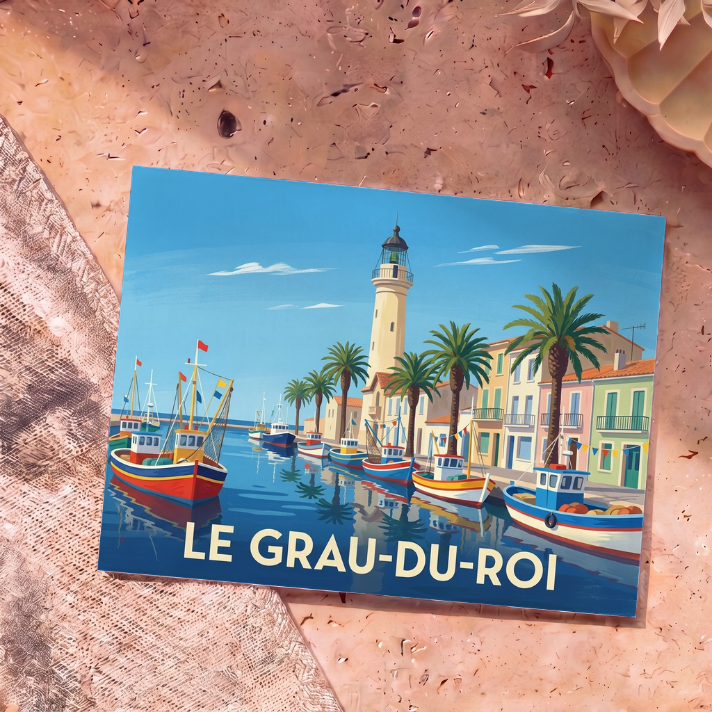 Carte postale souvenir de la ville de Le Grau-du-Roi avec une illustration stylisée montrant des bateaux de pêche et un phare.