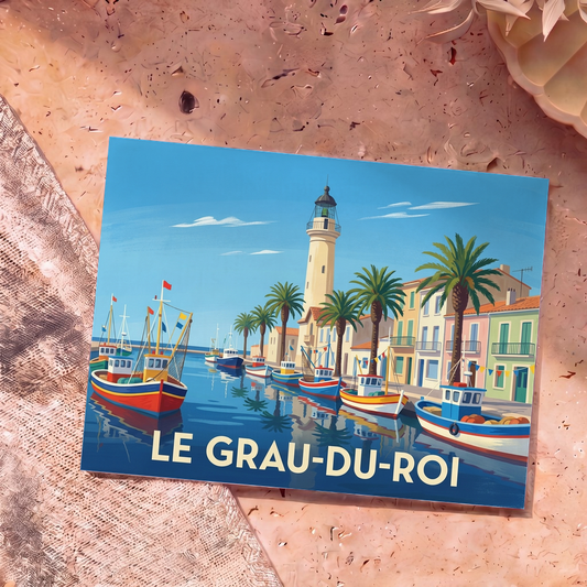 Carte postale souvenir de la ville de Le Grau-du-Roi avec une illustration stylisée montrant des bateaux de pêche et un phare.