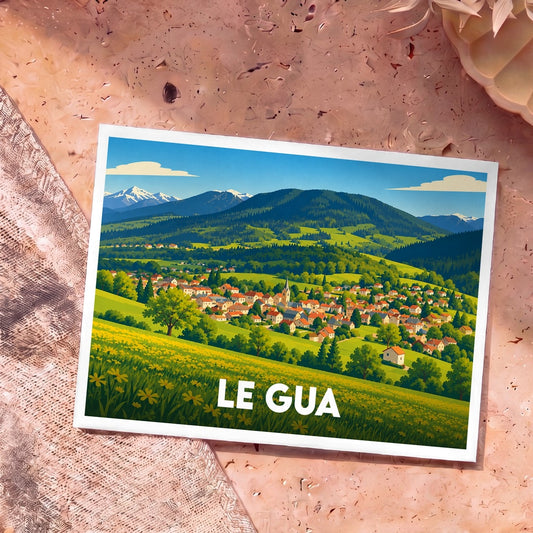 Carte postale souvenir de la ville de Le Gua avec une illustration stylisée de son paysage montagneux.
