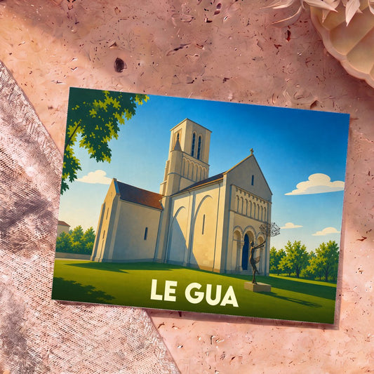 Carte postale souvenir de la ville de Le Gua avec une illustration stylisée de son église.
