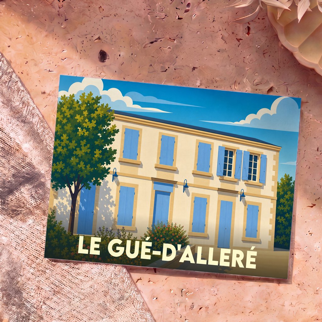Carte postale souvenir de la ville de Le Gué-d'Alleré illustrant une maison traditionnelle aux volets bleus.