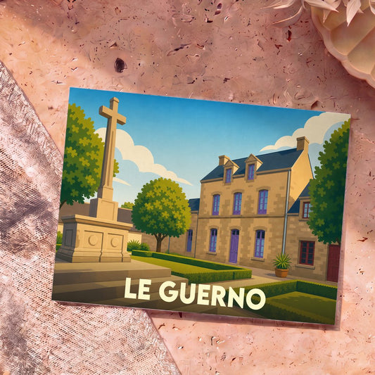 Carte postale souvenir de la ville de Le Guerno avec une illustration stylisée d'un calvaire breton et d'une maison traditionnelle.