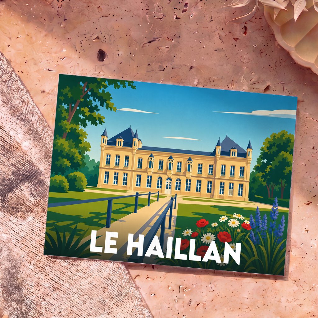 Carte postale souvenir de la ville de Le Haillan avec une illustration stylisée d'un château entouré de jardins.
