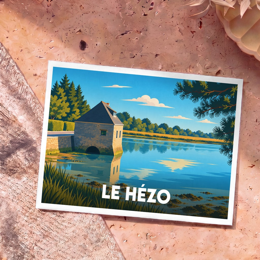 Carte postale souvenir de la ville de Le Hézo avec une illustration stylisée d'un moulin à marée au bord de l'eau.
