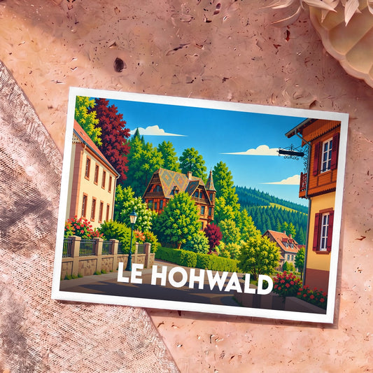 Carte postale souvenir de la ville de Le Hohwald avec une illustration colorée et stylisée de ses paysages alsaciens.