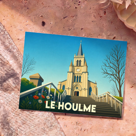 Carte postale souvenir de la ville de Le Houlme avec une illustration stylisée de son église et de ses marches.