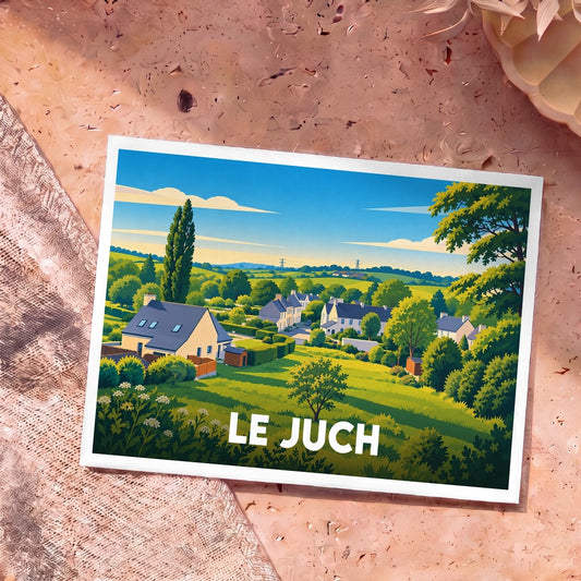 Carte postale souvenir de la ville de Le Juch avec une illustration stylisée de son paysage vallonné.