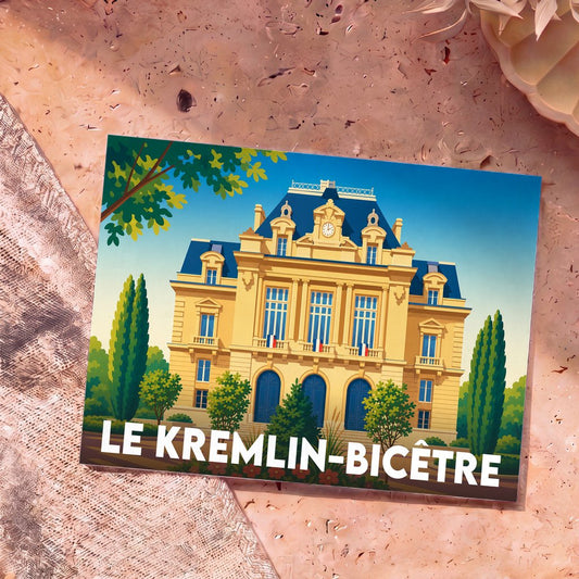 Carte postale souvenir de la ville de Le Kremlin-Bicêtre avec une illustration stylisée de l'hôtel de ville.