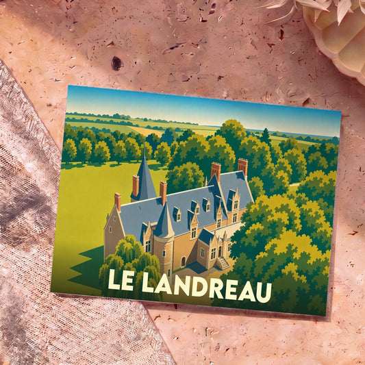 Carte postale souvenir de la commune de Le Landreau avec une illustration stylisée de son château.