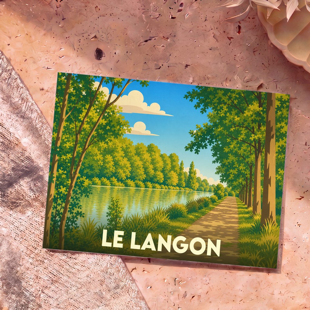 Carte postale souvenir de la ville de Le Langon avec une illustration stylisée d'un chemin boisé au bord de l'eau.
