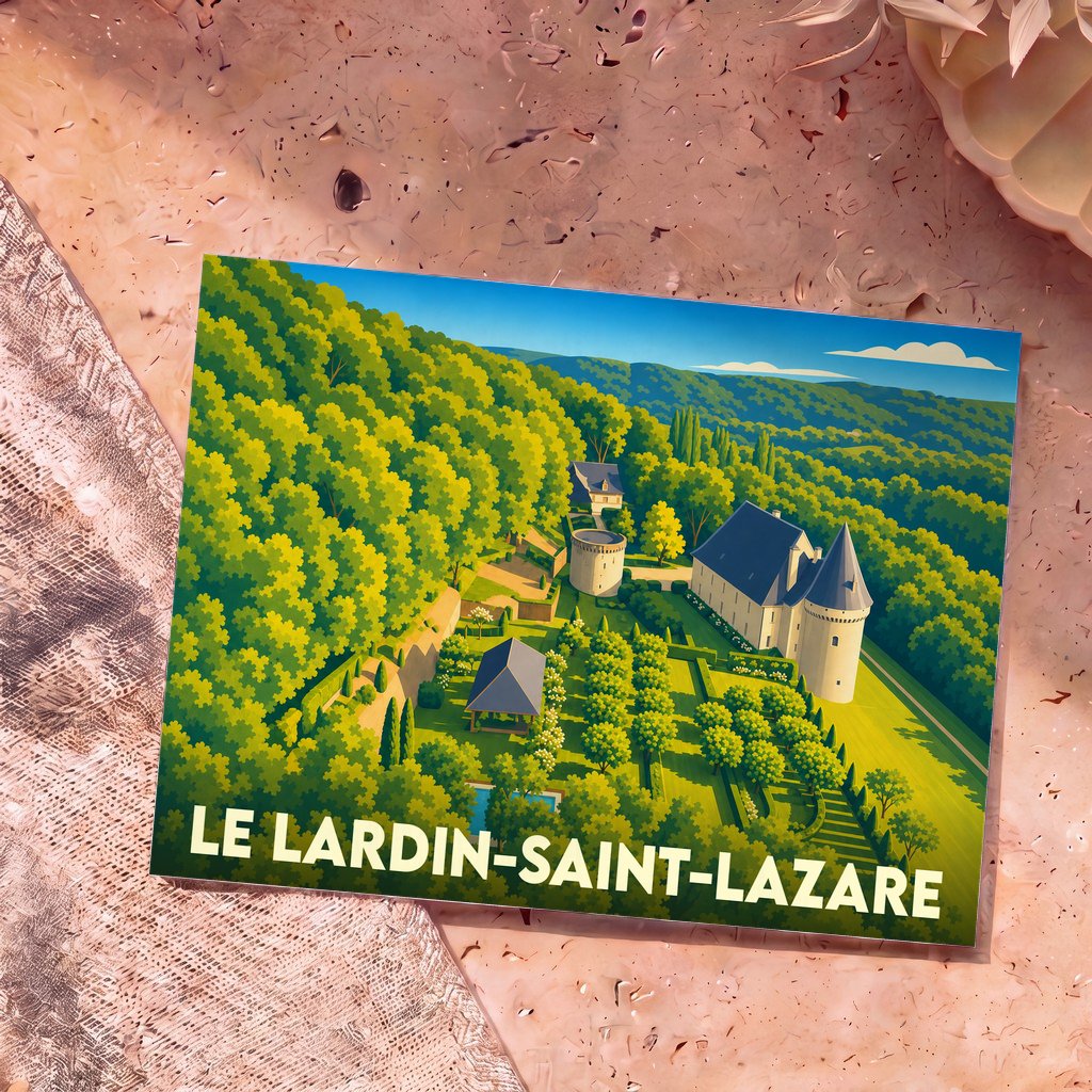 Carte postale souvenir de la ville de Le Lardin-Saint-Lazare avec une illustration stylisée d'un domaine arboré.