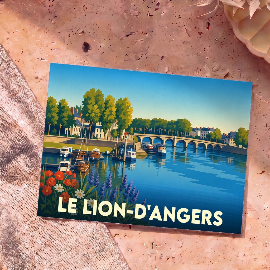 Carte postale souvenir de la ville de Le Lion-d'Angers avec une illustration stylisée des bords de l'Oudon.