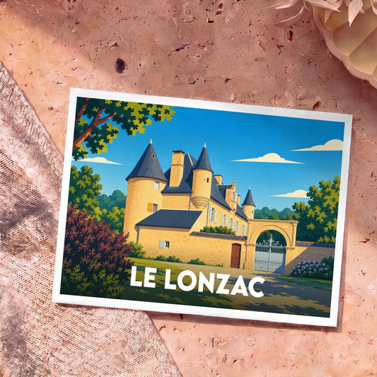 Carte postale souvenir de la ville de Le Lonzac avec une illustration stylisée de son château.