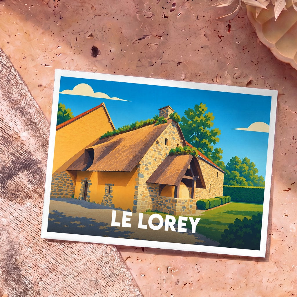 Carte postale souvenir de la ville de Le Lorey avec une illustration stylisée d'une maison traditionnelle en pierre.