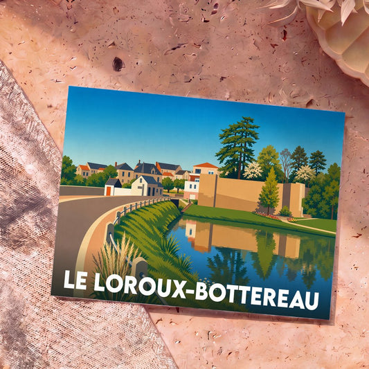 Carte postale souvenir de la ville de Le Loroux-Bottereau avec une illustration colorée et stylisée de son paysage urbain au bord de l'eau.