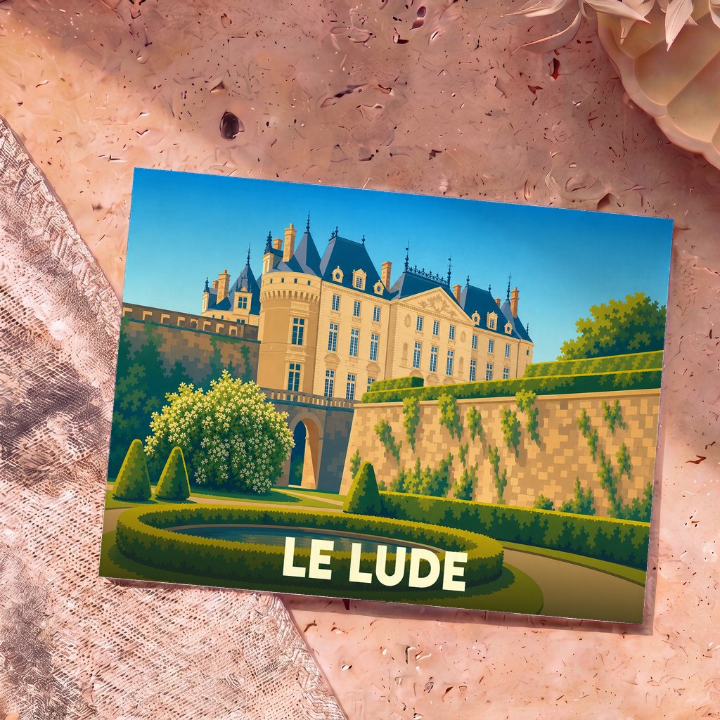Carte postale souvenir de la ville de Le Lude avec une illustration stylisée de son château et de ses jardins.