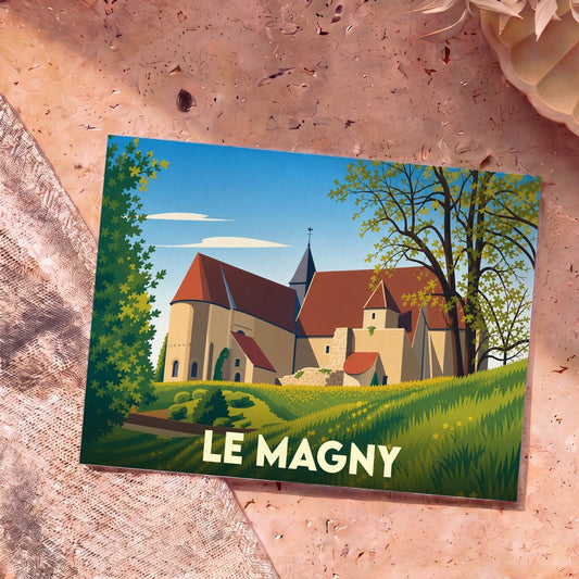 Carte postale souvenir de la ville de Le Magny avec une illustration stylisée de son église romane.