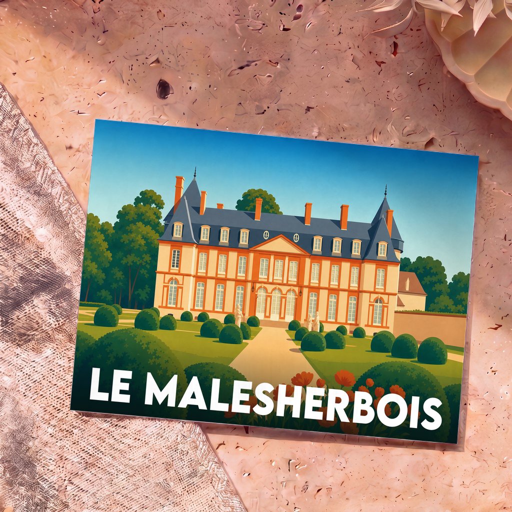 Carte postale souvenir de la ville de Le Malesherbois avec une illustration stylisée d'un château et de ses jardins.