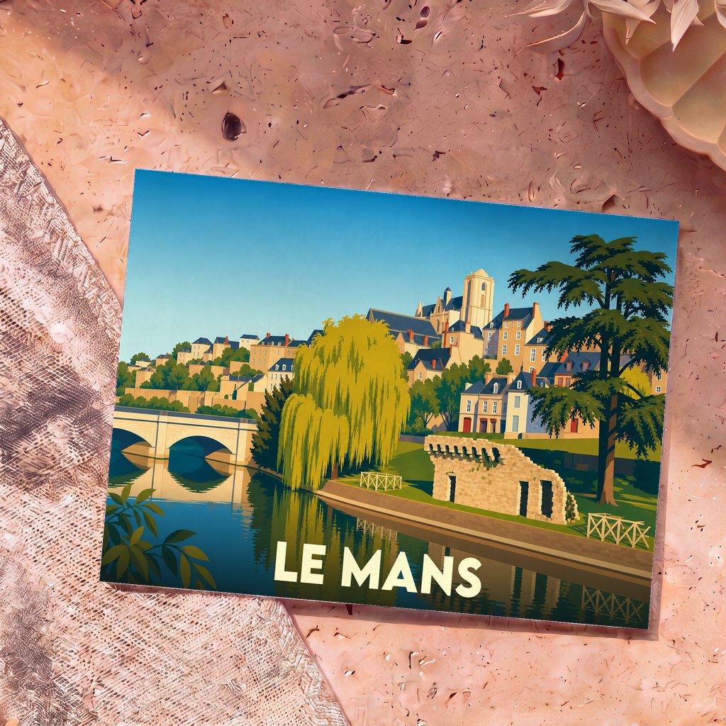 Carte postale souvenir de la ville du Mans illustrée par une vue stylisée des quais de la Sarthe et de la cathédrale.