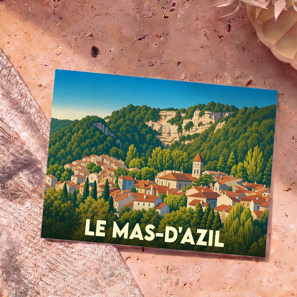 Carte postale souvenir de la ville de Le Mas-d'Azil avec une illustration stylisée d'un village niché au pied d'une falaise boisée.