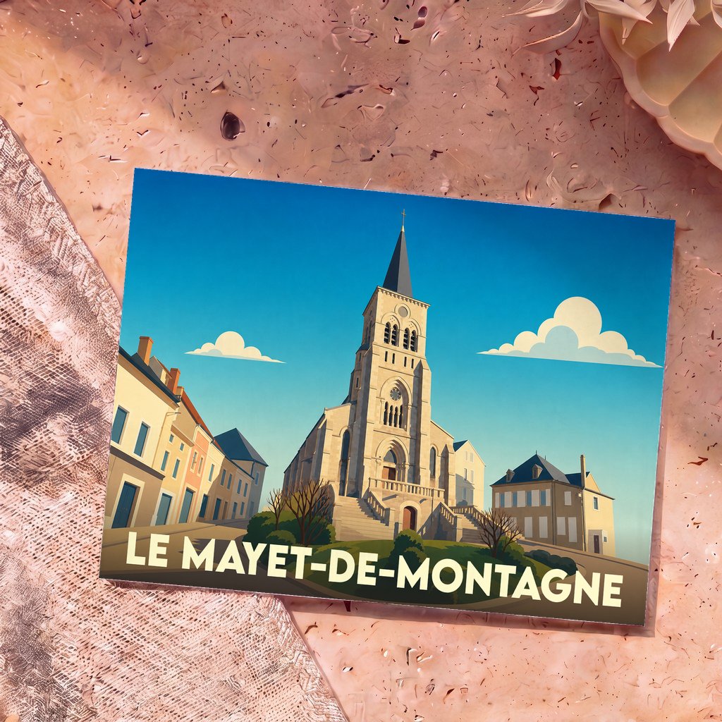 Carte postale souvenir de la ville de Le Mayet-de-Montagne avec une illustration stylisée de son église et de ses bâtiments.